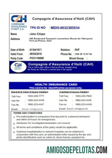 Cartão de seguro saúde do Haiti exemplo real